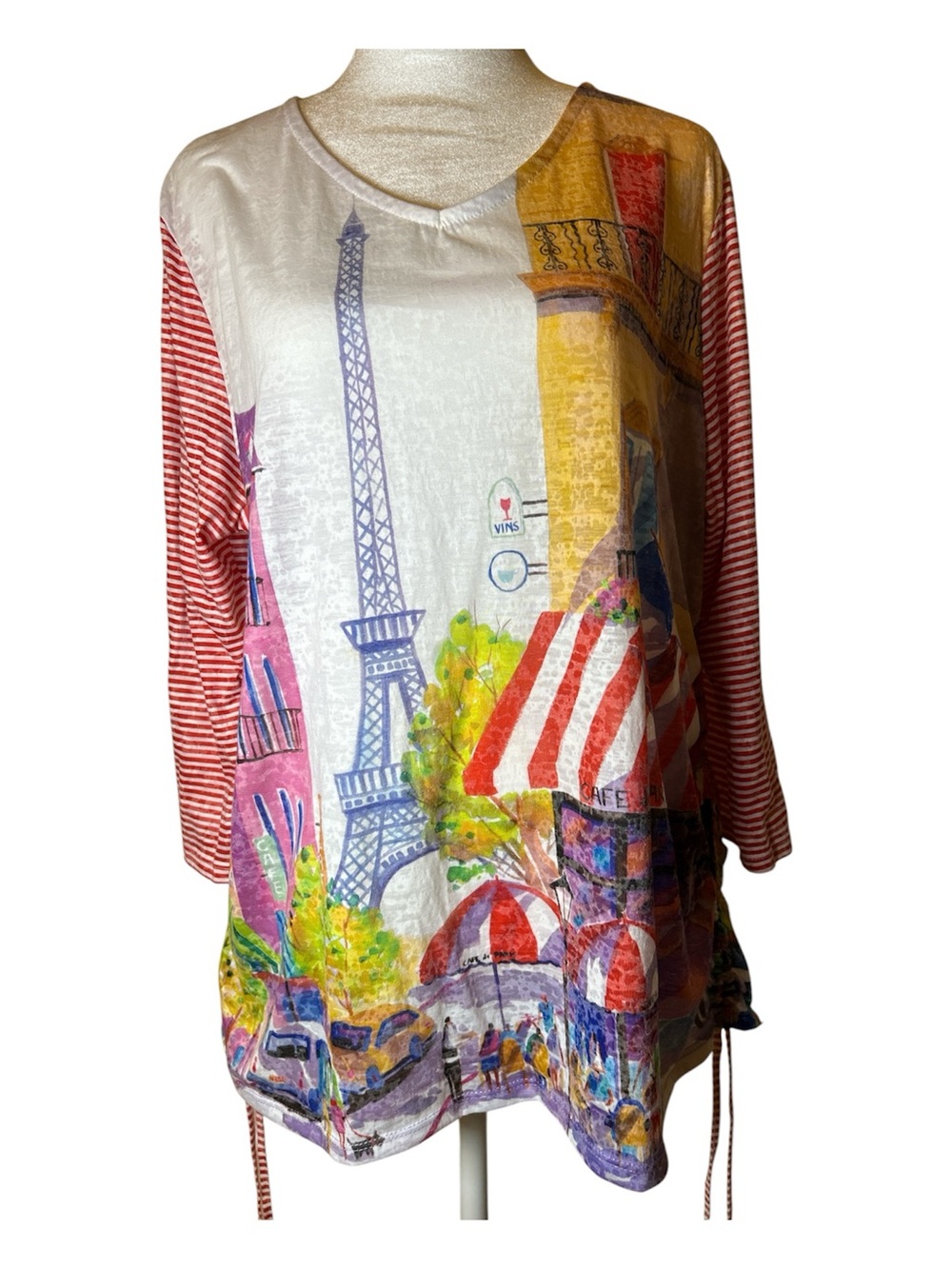 Elle Multicolor Paris Scene V-Neck Tunic with Red Striped Sleeves